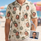 Man wearing Men's Glitz Gals Custom Face Polo Shirt — custom faces printed all-over