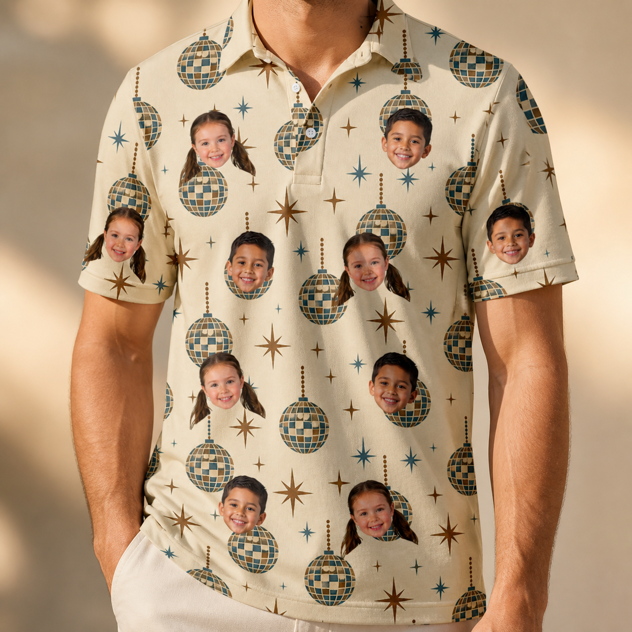 Model wearing Men's Glitz Gals Custom Face Polo Shirt printed with kids' faces