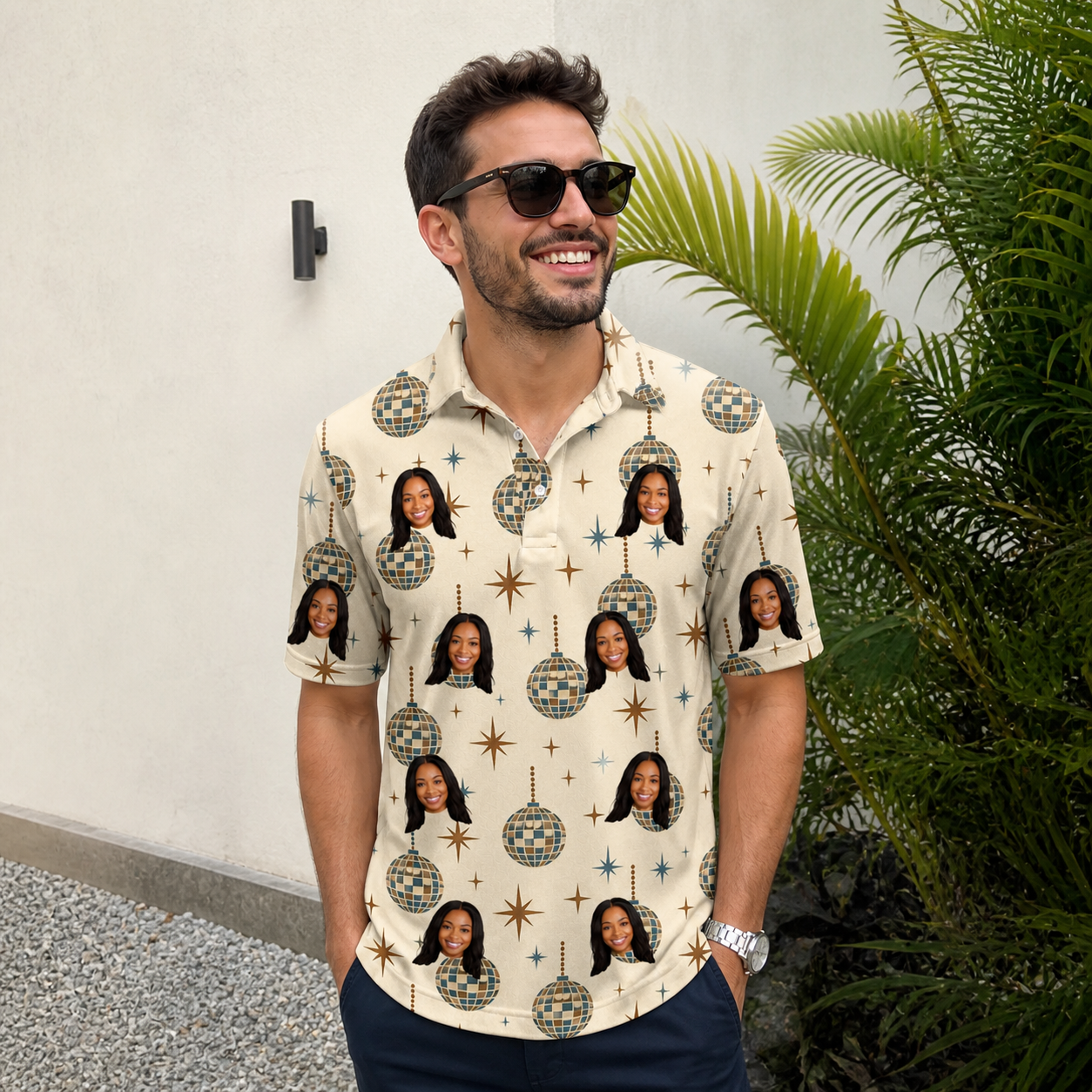 Real-life photo of someone wearing Men's Glitz Gals Custom Face Polo Shirt — custom faces printed all-over