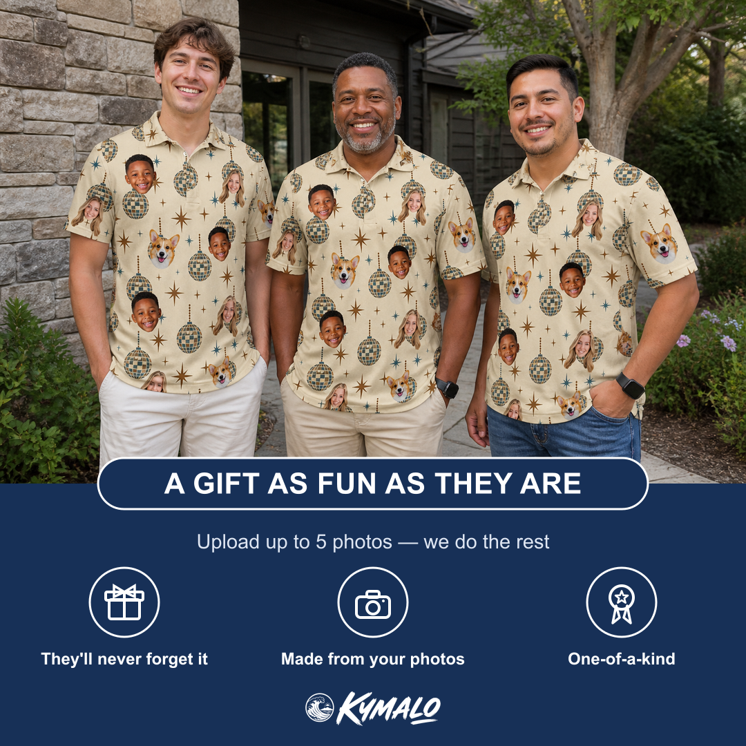 Friends in matching Men's Glitz Gals Custom Face Polo Shirt — a group gift photo