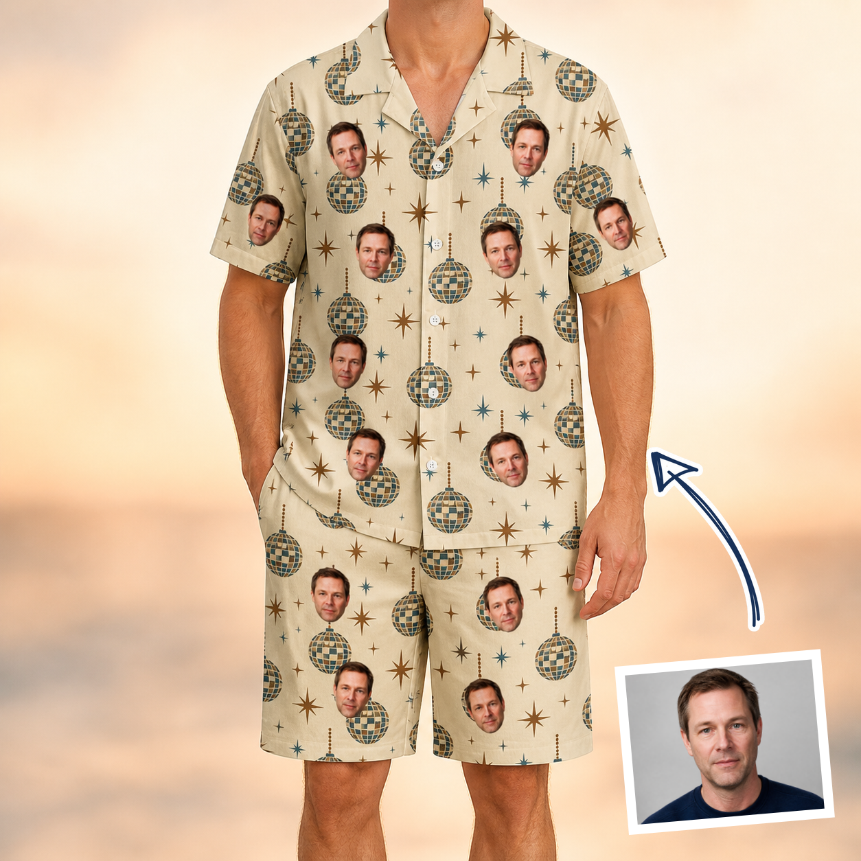 Man wearing Men's Glitz Gals Custom Face Shirt & Shorts Set — custom faces printed all-over