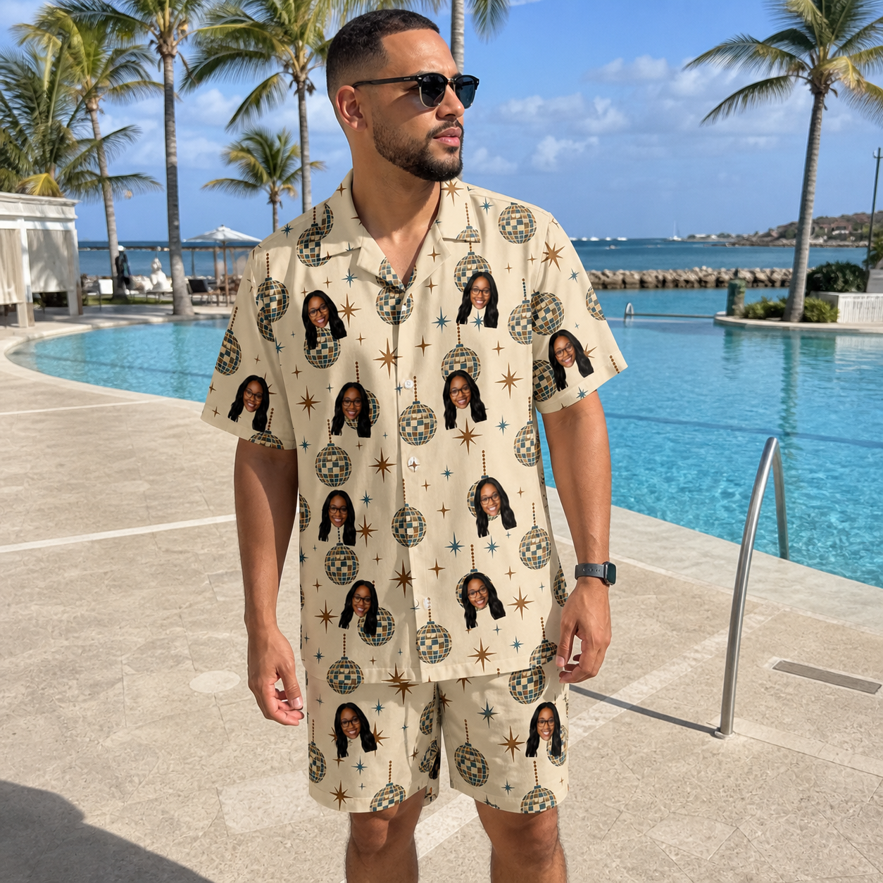 Real-life photo of someone wearing Men's Glitz Gals Custom Face Shirt & Shorts Set — custom faces printed all-over