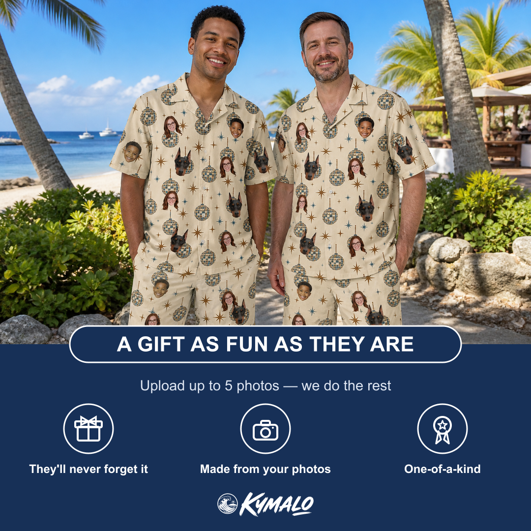 Friends in matching Men's Glitz Gals Custom Face Shirt & Shorts Set — a group gift photo