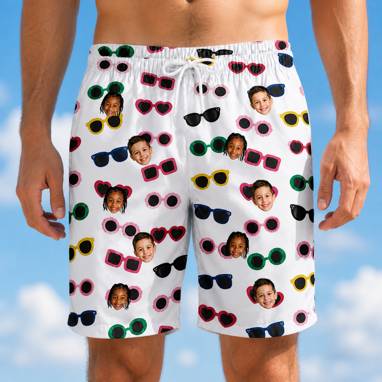 Model wearing Men's Vow Visors Custom Face Beach Shorts printed with kids' faces