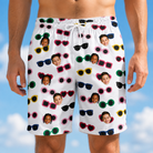Model wearing Men's Vow Visors Custom Face Beach Shorts printed with kids' faces