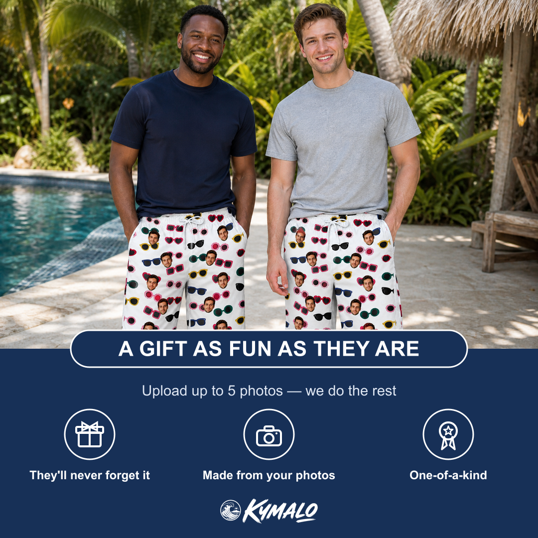 Friends in matching Men's Vow Visors Custom Face Beach Shorts — a group gift photo