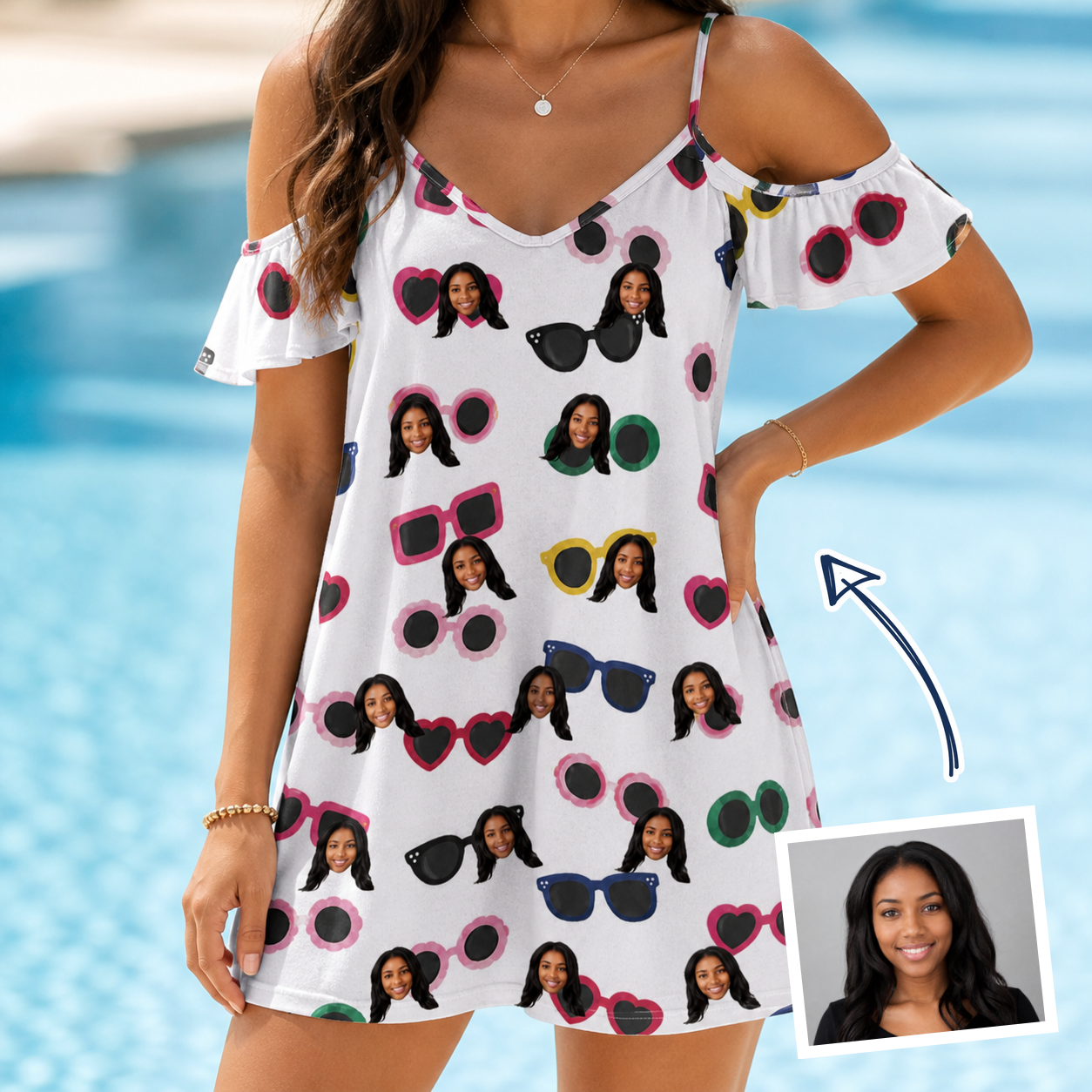 Woman wearing Women's Vow Visors Custom Face Off-Shoulder Dress — custom faces printed all-over