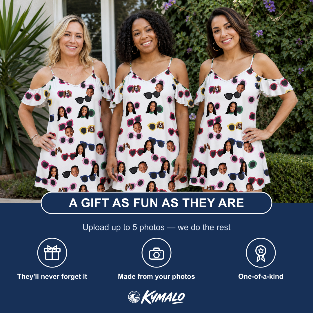 Friends in matching Women's Vow Visors Custom Face Off-Shoulder Dress — a group gift photo