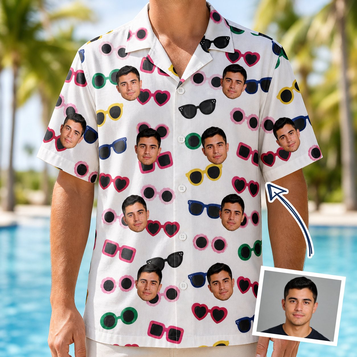 Man wearing Men's Vow Visors Custom Face Hawaiian Shirt — custom faces printed all-over