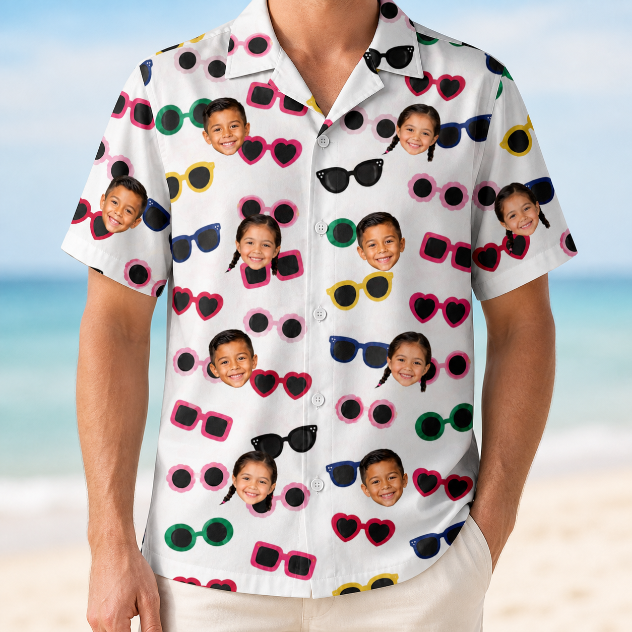 Model wearing Men's Vow Visors Custom Face Hawaiian Shirt printed with kids' faces