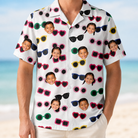 Model wearing Men's Vow Visors Custom Face Hawaiian Shirt printed with kids' faces