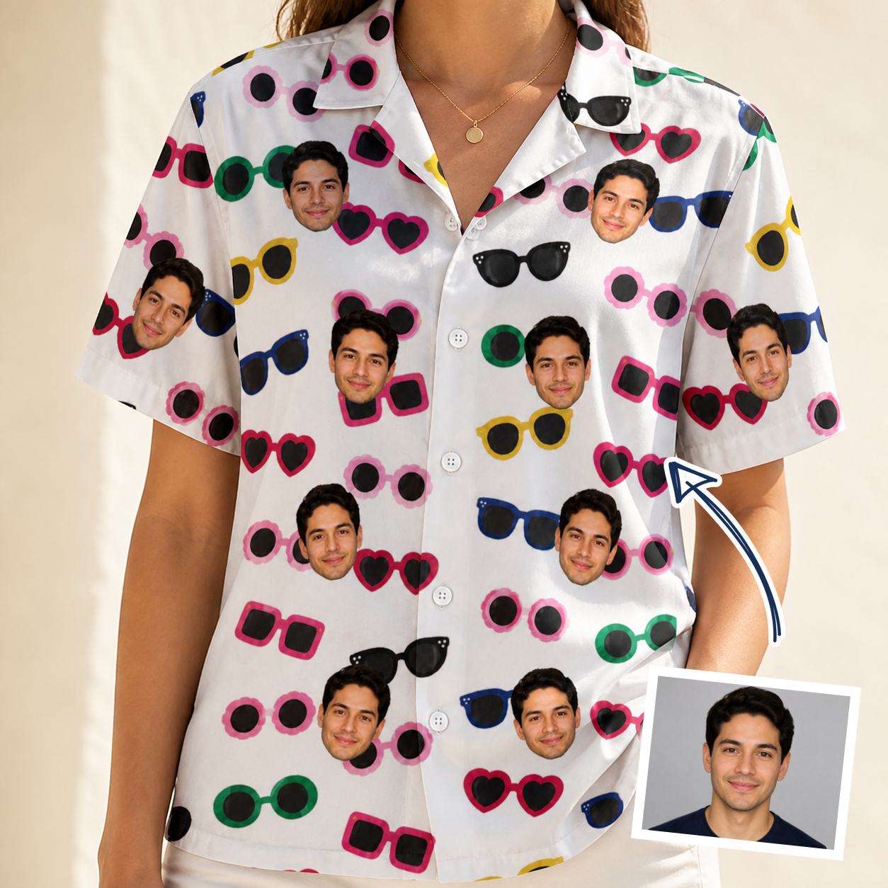 Woman wearing Women's Vow Visors Custom Face Hawaiian Shirt — custom faces printed all-over