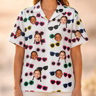 Model wearing Women's Vow Visors Custom Face Hawaiian Shirt printed with kids' faces