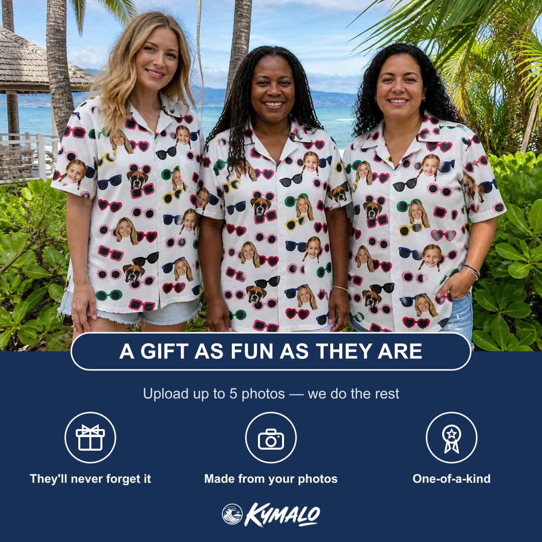 Friends in matching Women's Vow Visors Custom Face Hawaiian Shirt — a group gift photo