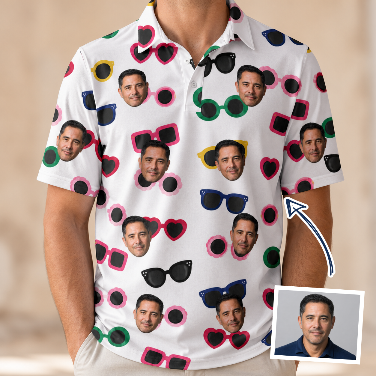 Man wearing Men's Vow Visors Custom Face Polo Shirt — custom faces printed all-over