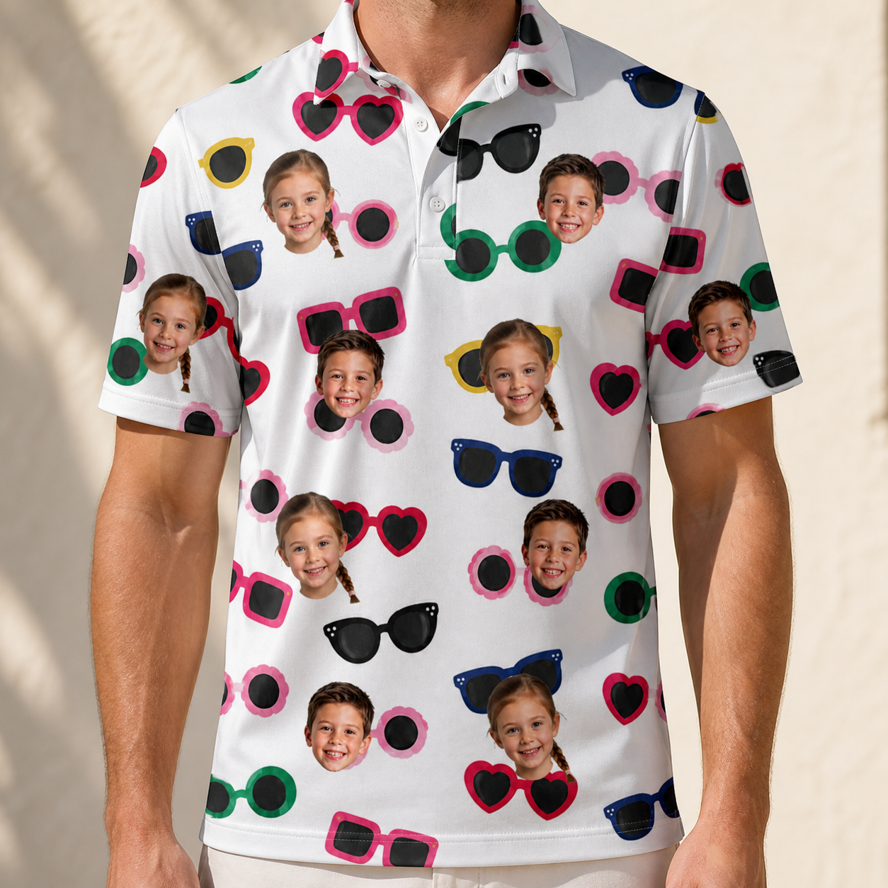 Model wearing Men's Vow Visors Custom Face Polo Shirt printed with kids' faces
