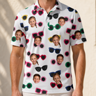Model wearing Men's Vow Visors Custom Face Polo Shirt printed with kids' faces