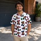 Real-life photo of someone wearing Men's Vow Visors Custom Face Polo Shirt — custom faces printed all-over