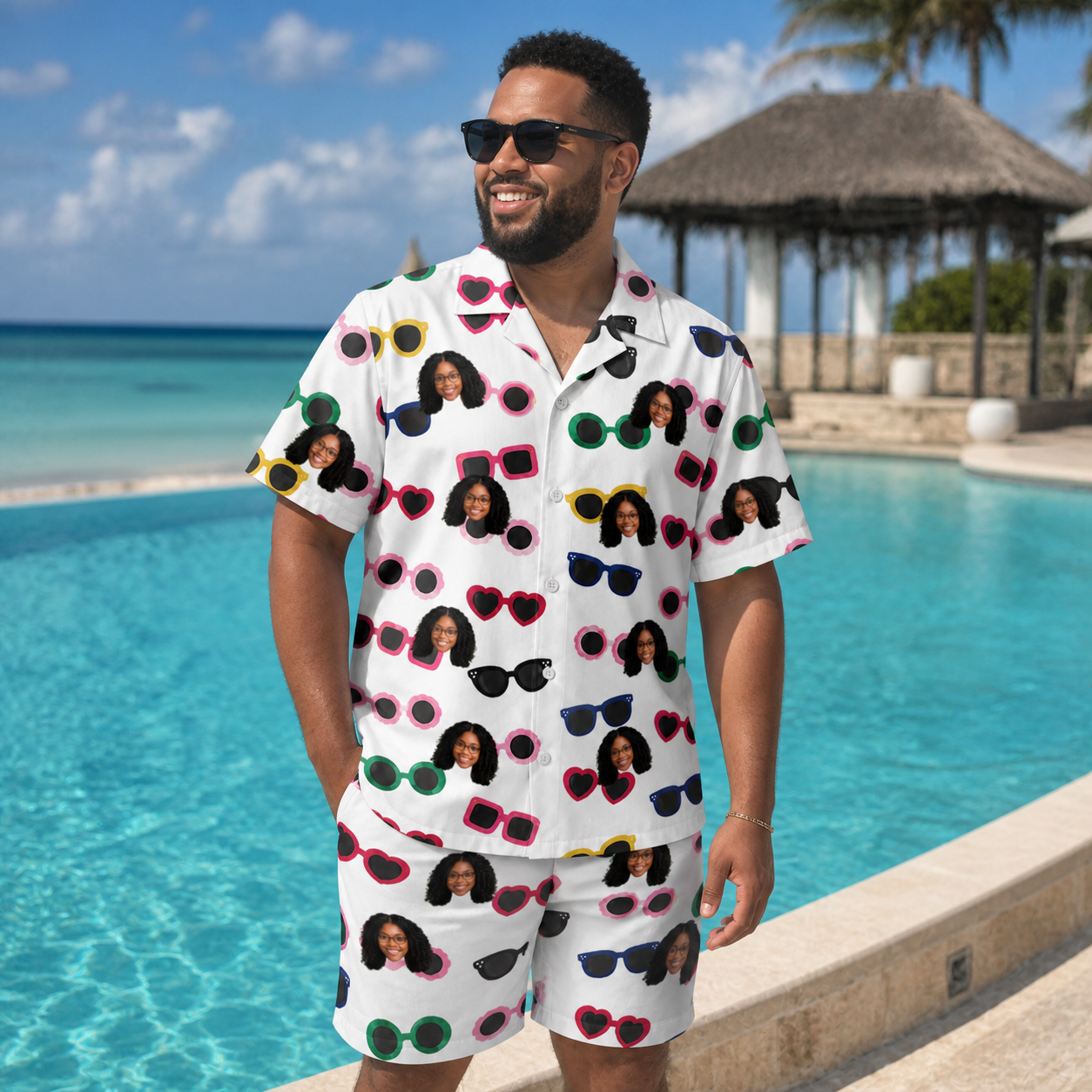 Real-life photo of someone wearing Men's Vow Visors Custom Face Shirt & Shorts Set — custom faces printed all-over