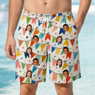 Model wearing Men's Tulle Tumble Custom Face Beach Shorts printed with kids' faces