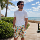 Real-life photo of someone wearing Men's Tulle Tumble Custom Face Beach Shorts — custom faces printed all-over
