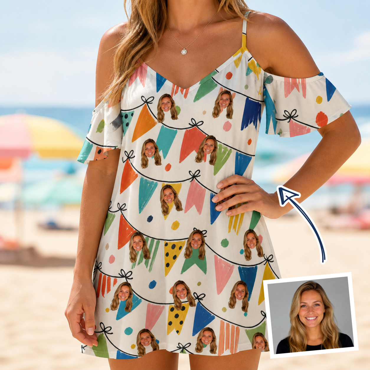 Woman wearing Women's Tulle Tumble Custom Face Off-Shoulder Dress — custom faces printed all-over