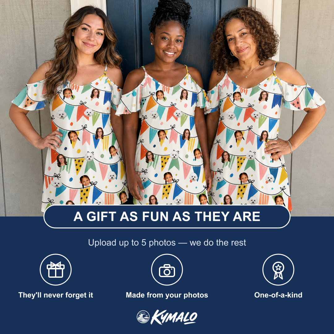 Friends in matching Women's Tulle Tumble Custom Face Off-Shoulder Dress — a group gift photo