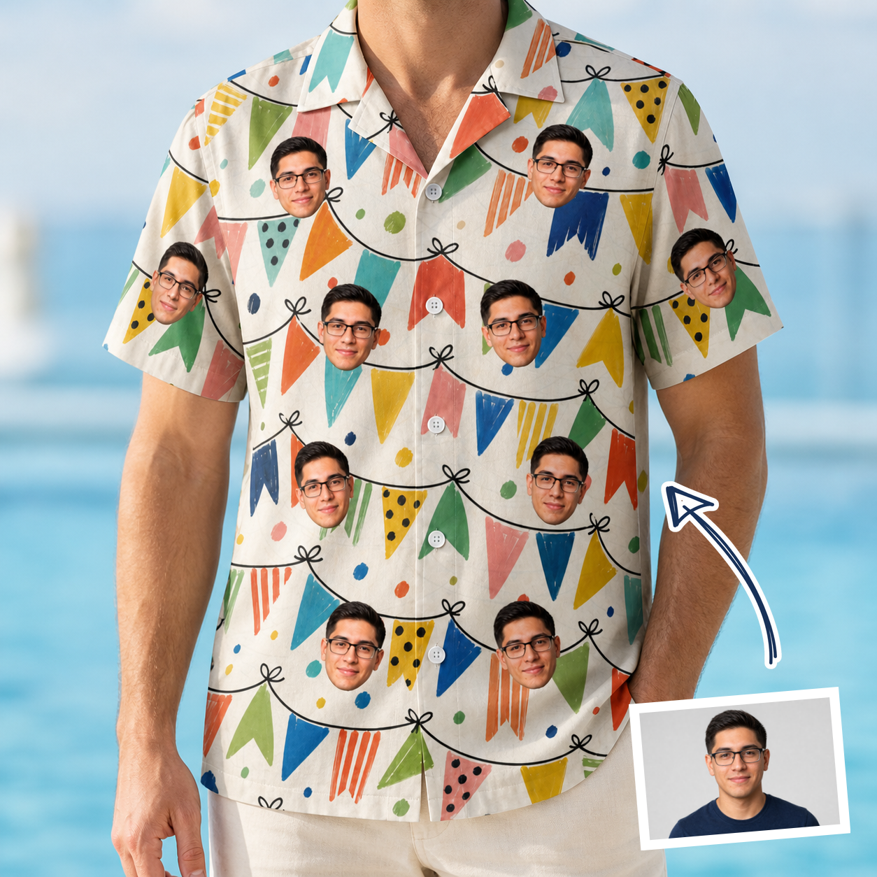 Man wearing Men's Tulle Tumble Custom Face Hawaiian Shirt — custom faces printed all-over