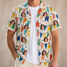 Man wearing Men's Tulle Tumble Custom Face Hawaiian Shirt open over a white tee