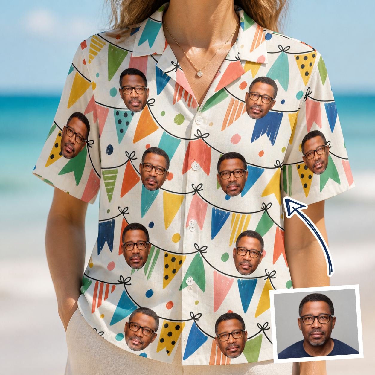 Woman wearing Women's Tulle Tumble Custom Face Hawaiian Shirt — custom faces printed all-over