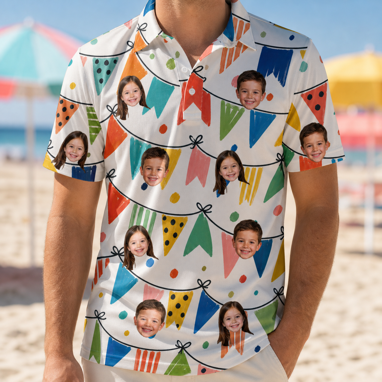 Model wearing Men's Tulle Tumble Custom Face Polo Shirt printed with kids' faces