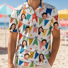 Model wearing Men's Tulle Tumble Custom Face Polo Shirt printed with kids' faces