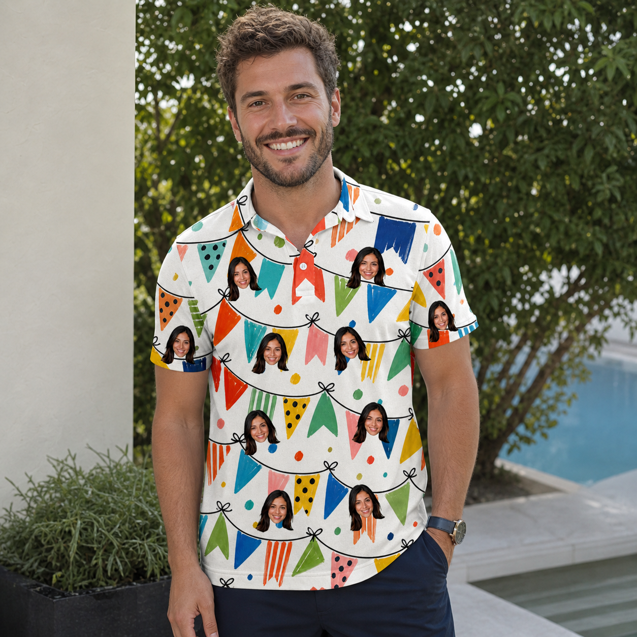 Real-life photo of someone wearing Men's Tulle Tumble Custom Face Polo Shirt — custom faces printed all-over