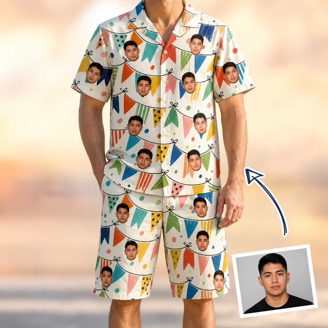 Man wearing Men's Tulle Tumble Custom Face Shirt & Shorts Set — custom faces printed all-over