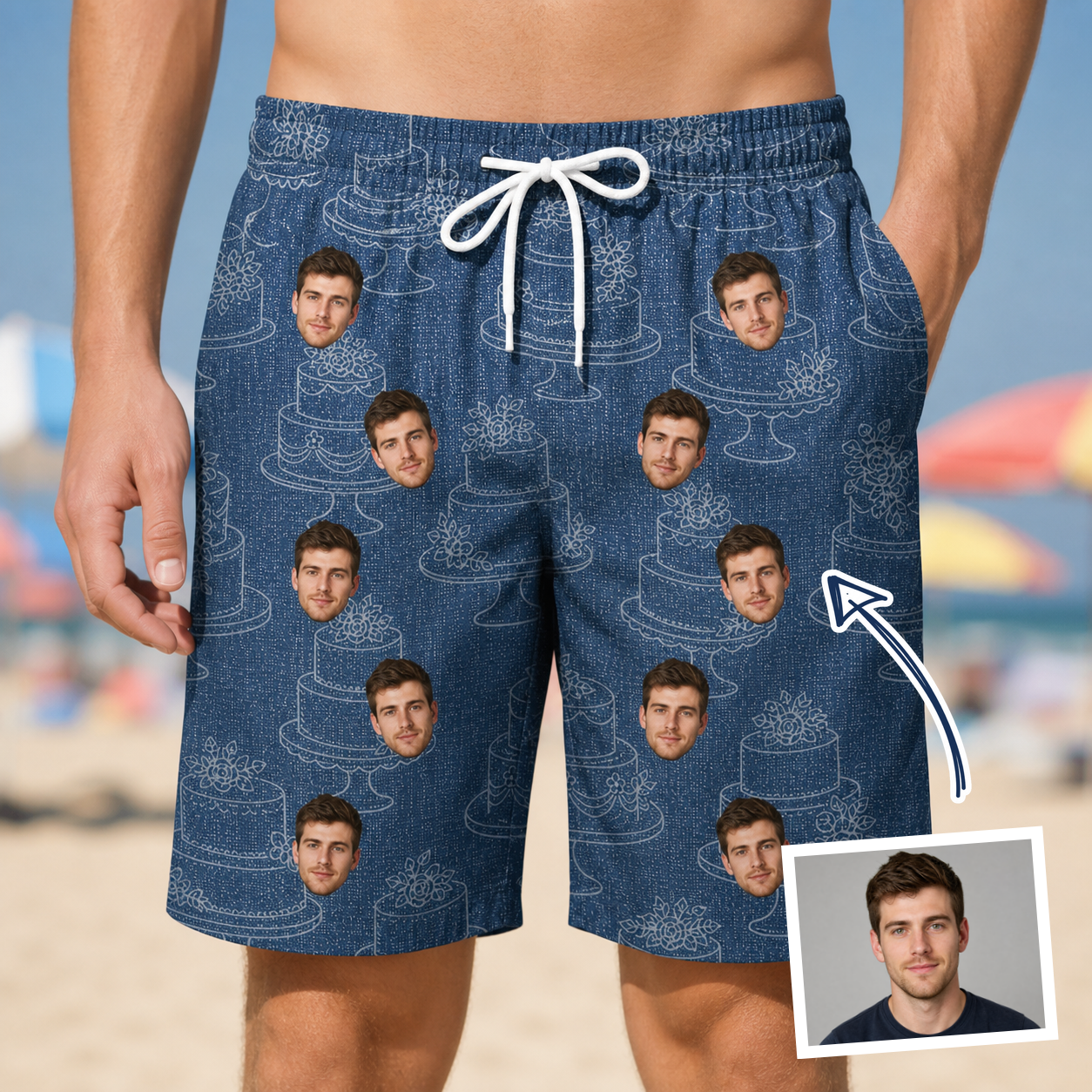 Man wearing Men's Bridal Batter Custom Face Beach Shorts — custom faces printed all-over