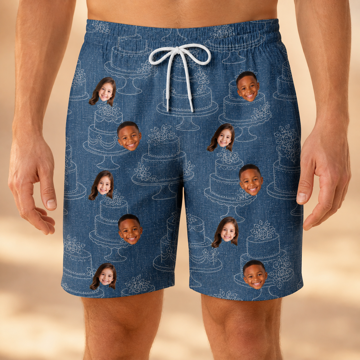 Model wearing Men's Bridal Batter Custom Face Beach Shorts printed with kids' faces