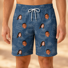 Model wearing Men's Bridal Batter Custom Face Beach Shorts printed with kids' faces