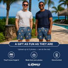 Friends in matching Men's Bridal Batter Custom Face Beach Shorts — a group gift photo