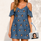 Woman wearing Women's Bridal Batter Custom Face Off-Shoulder Dress — custom faces printed all-over