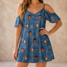 Model wearing Women's Bridal Batter Custom Face Off-Shoulder Dress printed with kids' faces