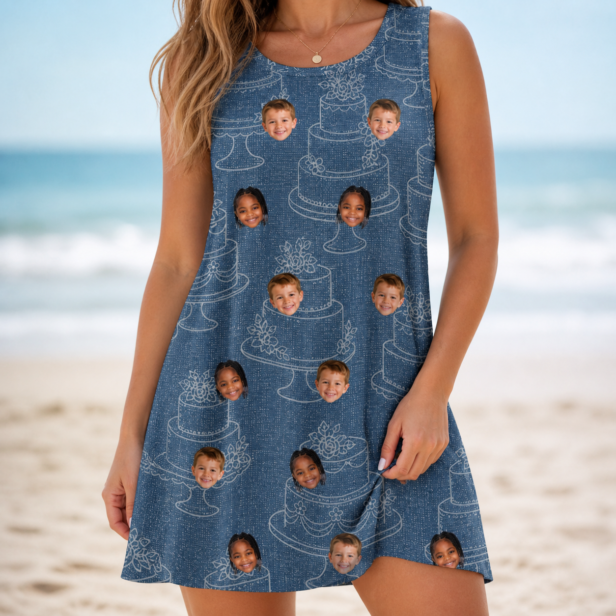 Model wearing Women's Bridal Batter Custom Face Tank Dress printed with kids' faces