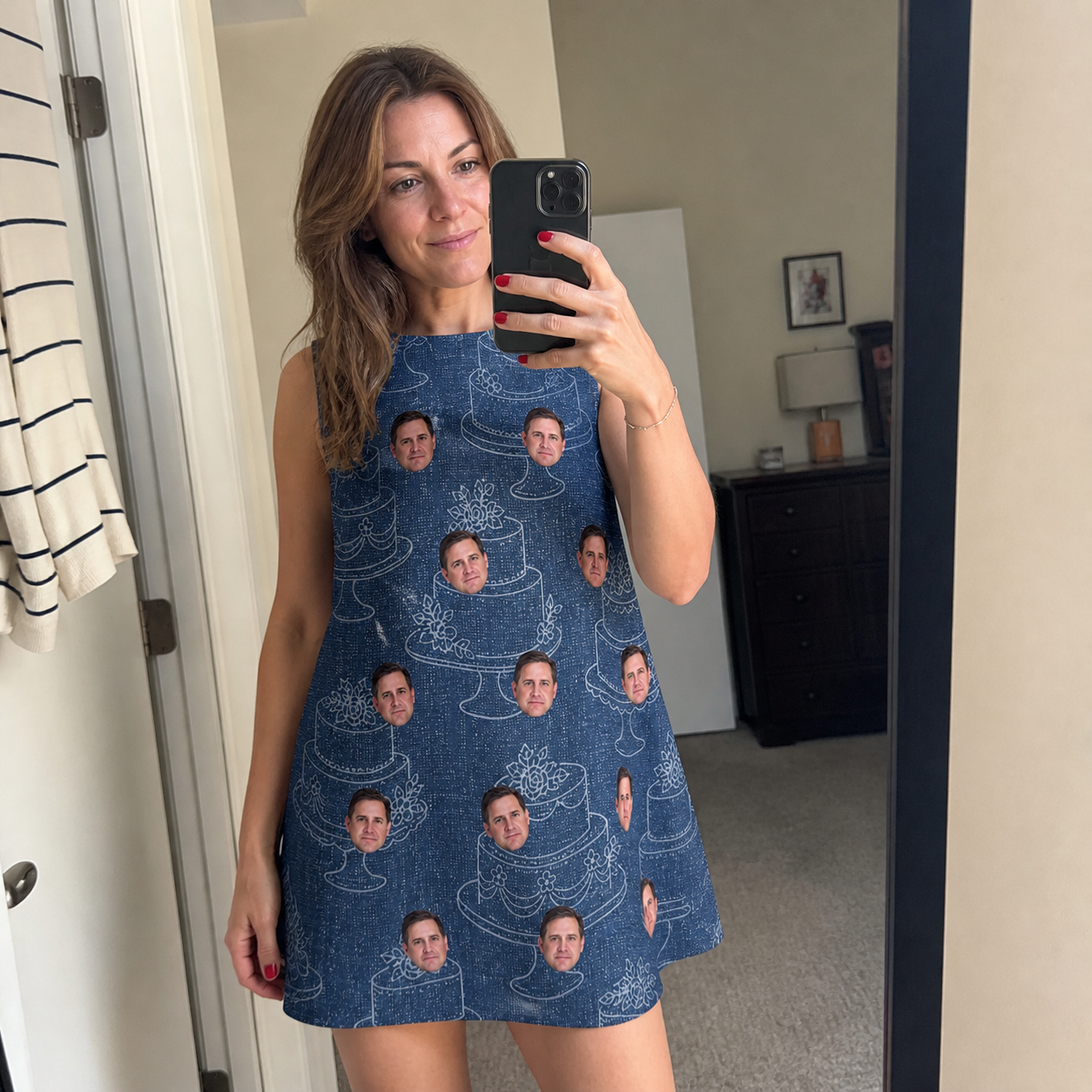Real-life photo of someone wearing Women's Bridal Batter Custom Face Tank Dress — custom faces printed all-over