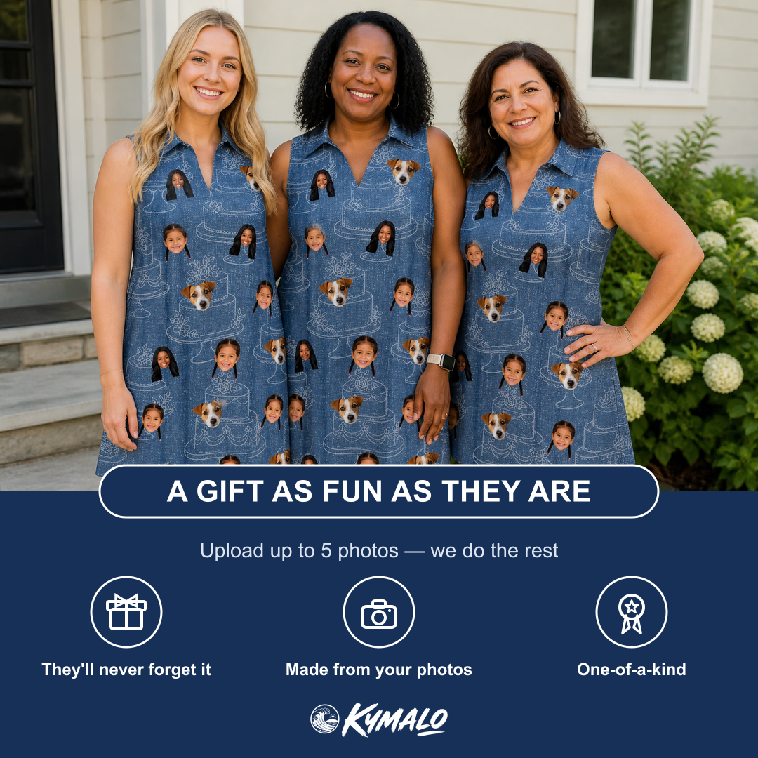 Friends in matching Women's Bridal Batter Custom Face V-Neck Dress — a group gift photo