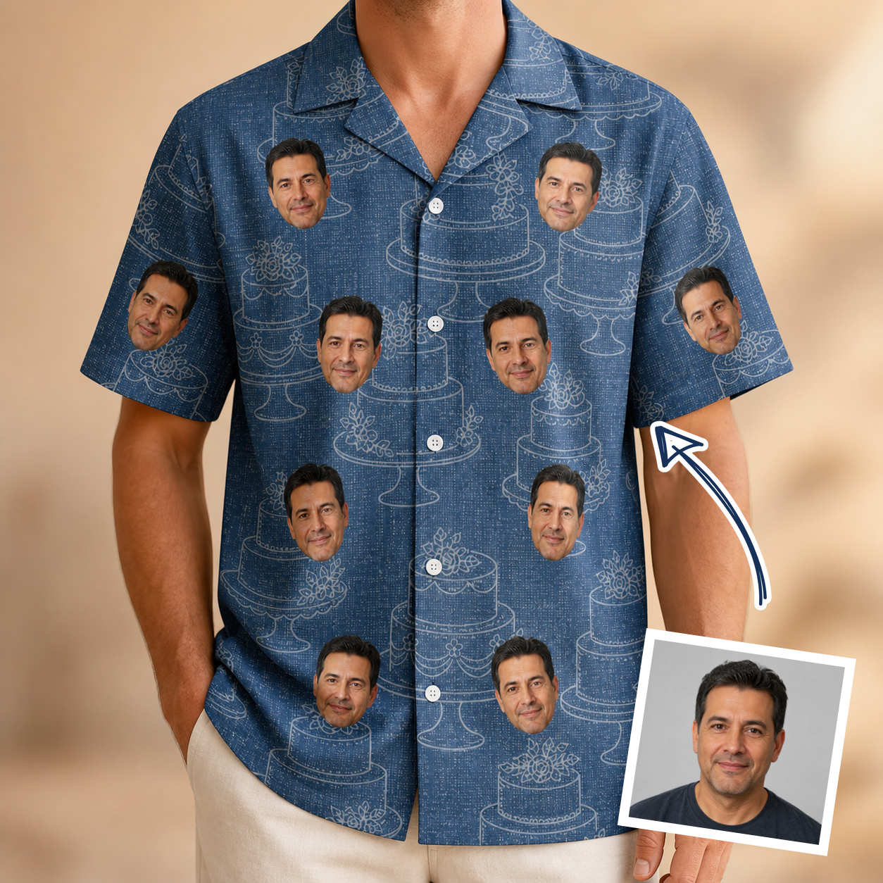 Man wearing Men's Bridal Batter Custom Face Hawaiian Shirt — custom faces printed all-over