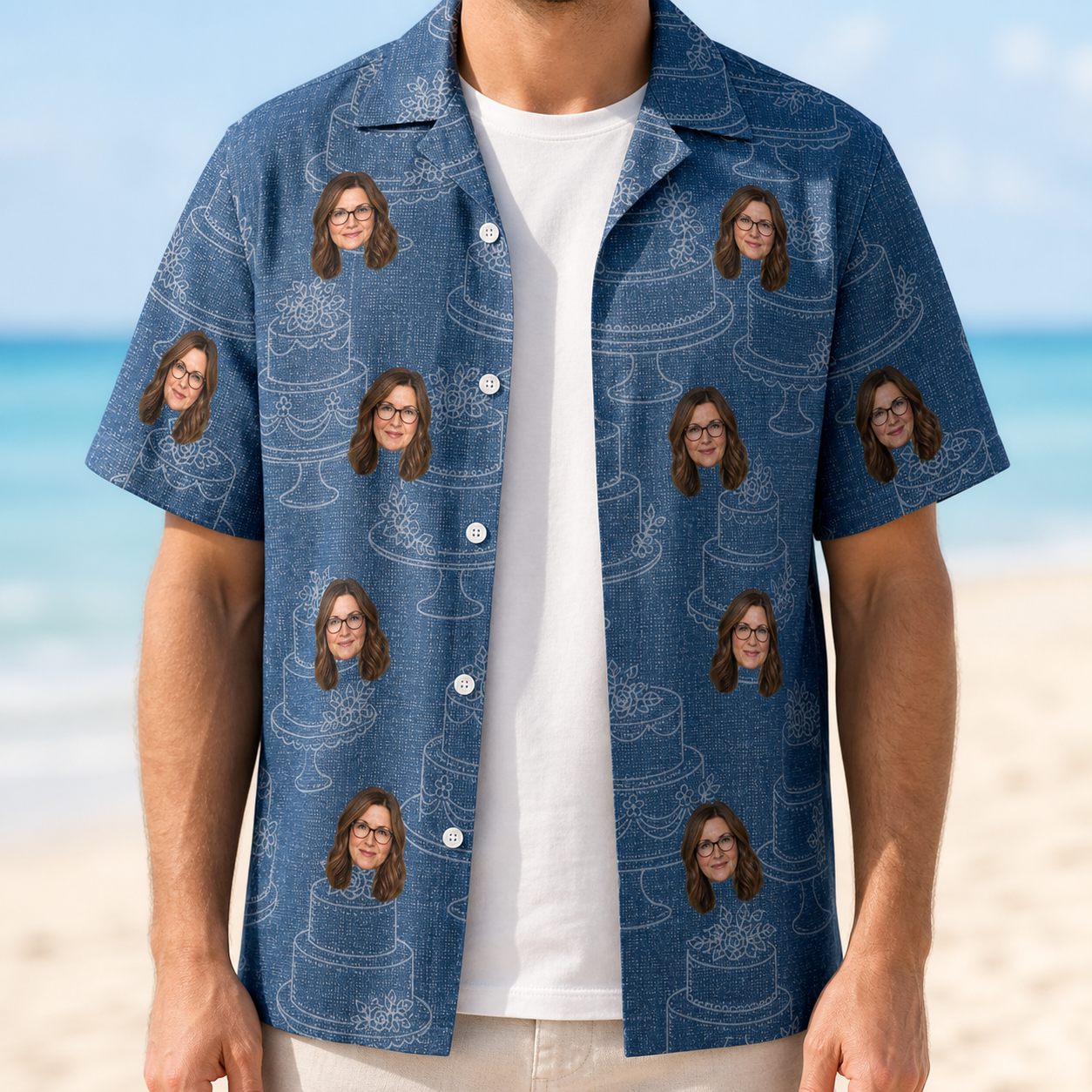 Man wearing Men's Bridal Batter Custom Face Hawaiian Shirt open over a white tee