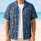 Man wearing Men's Bridal Batter Custom Face Hawaiian Shirt open over a white tee