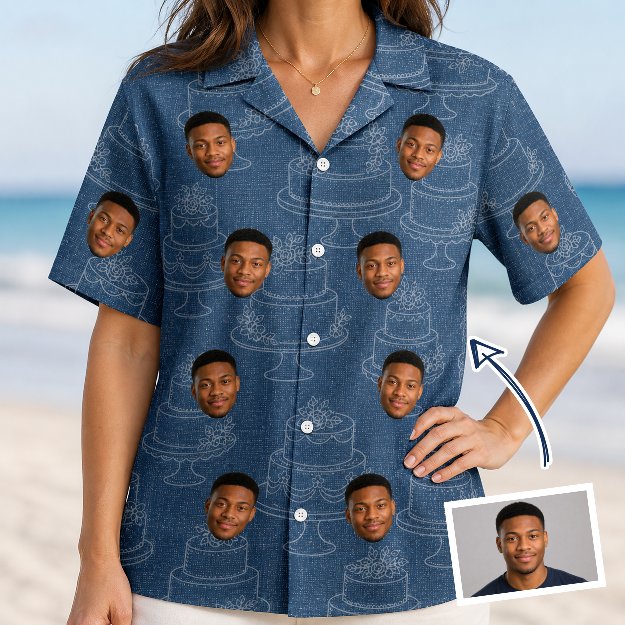 Woman wearing Women's Bridal Batter Custom Face Hawaiian Shirt — custom faces printed all-over