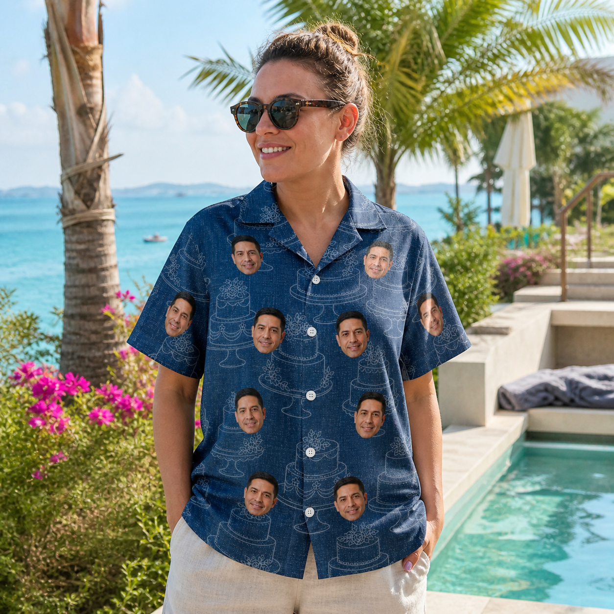 Real-life photo of someone wearing Women's Bridal Batter Custom Face Hawaiian Shirt — custom faces printed all-over