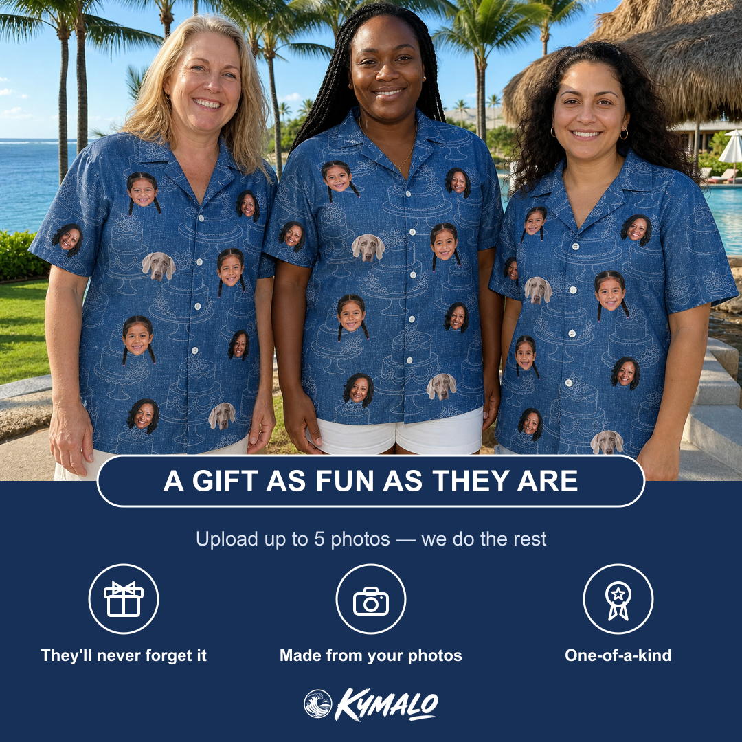 Friends in matching Women's Bridal Batter Custom Face Hawaiian Shirt — a group gift photo
