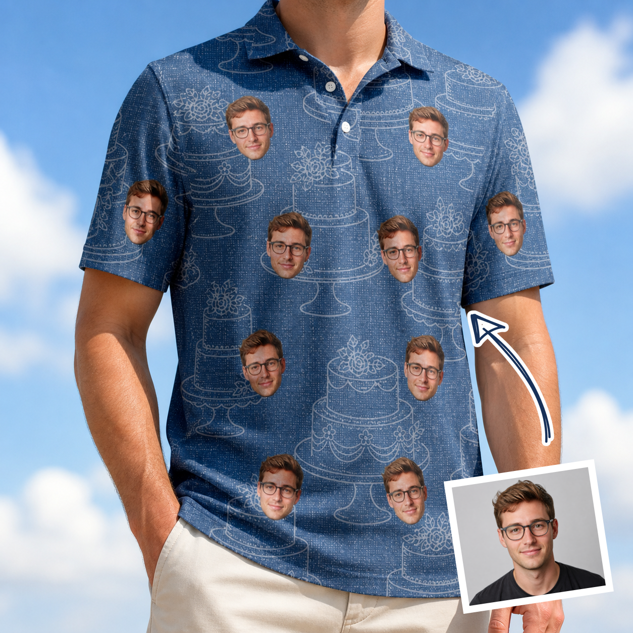 Man wearing Men's Bridal Batter Custom Face Polo Shirt — custom faces printed all-over